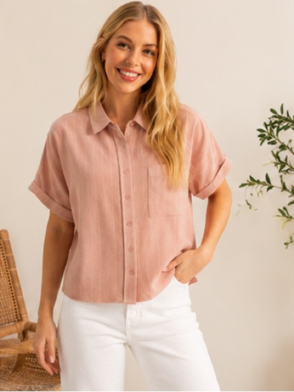 Blush Pink Rayon Linen Button Front Relaxed Blouse | Boutique NWT L